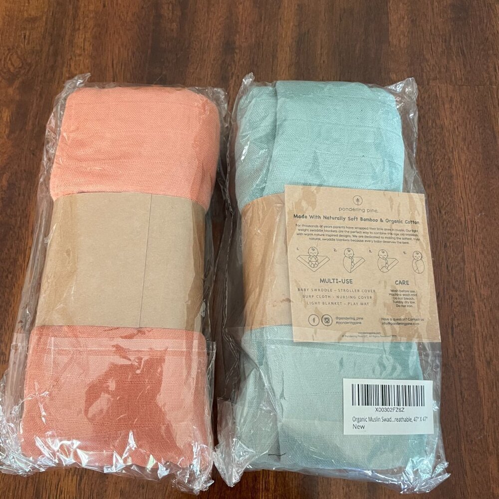 Pondering Pine Muslin Swaddle Blankets Set of 2 Blue Orange 47" x 47" Bamboo! - Picture 3 of 4